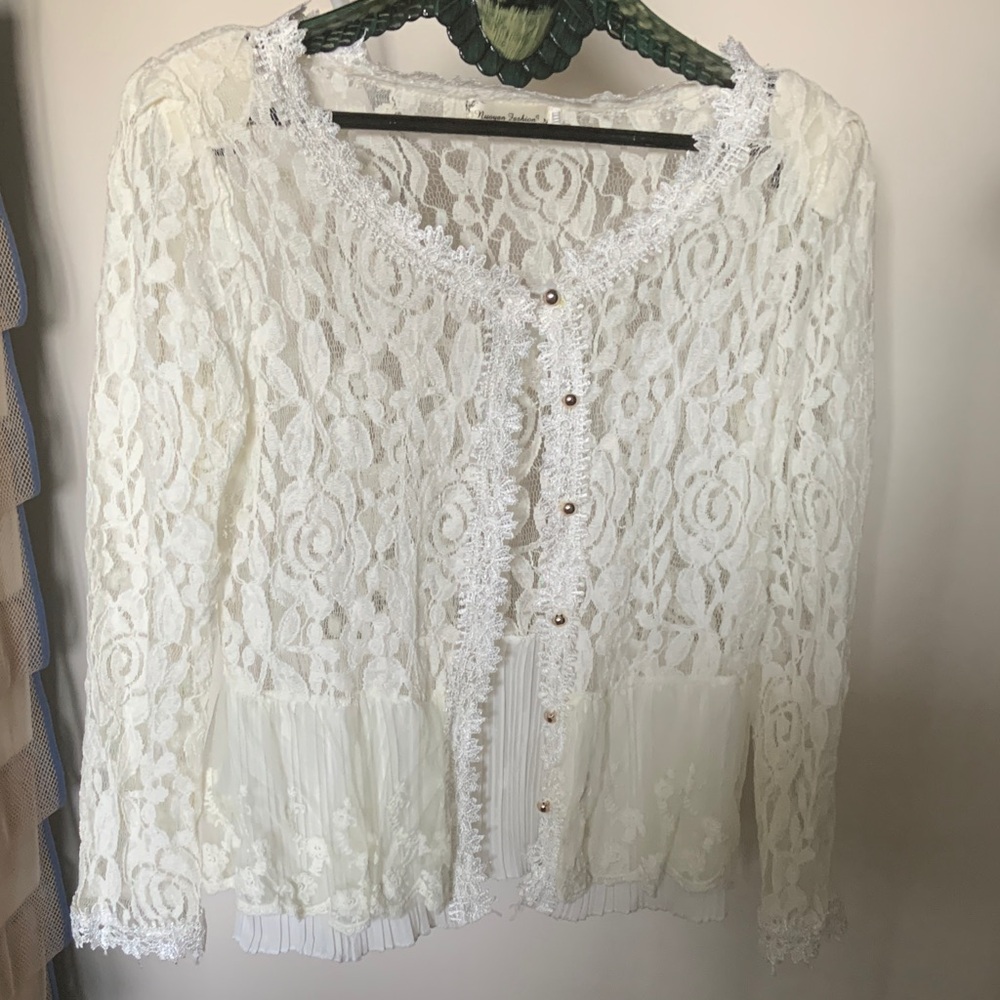 Women's Ivory Lace Button-Front Blouse with Pearl Buttons